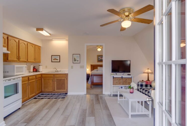 Suite with light colored walls, hardwood flooring, full kitchen, navy and white checked upholstered sofa, white coffee table, flatscreen TV, and view into bedroom